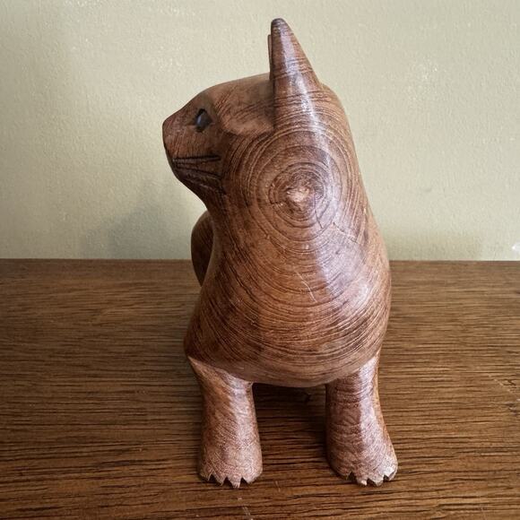 Vintage Hand Carved Wood MCM Cat Statue Figurine Boho Rustic Mid Century Modern - Picture 4 of 16